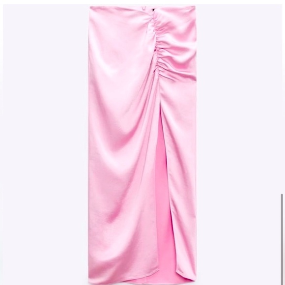 💕 ZARA PINK SATIN SIDE RUCHED SLIT MIDI SKIRT! - Picture 16 of 16